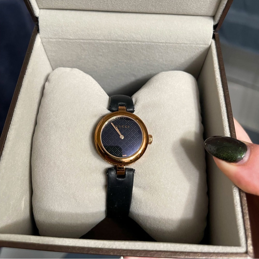 Woman’s Gucci Diamantissima Watch, 27mm with black leather strap
